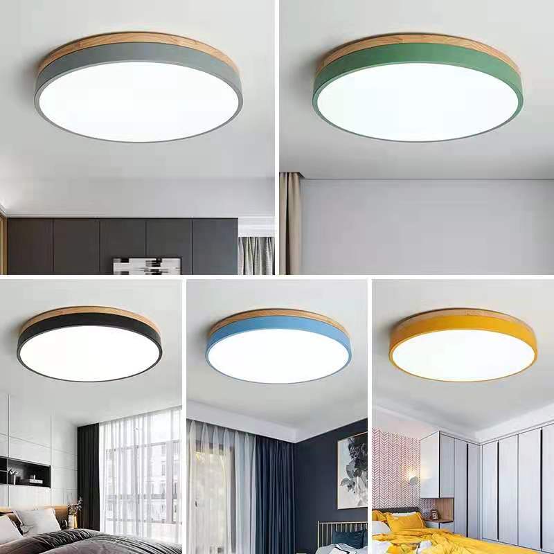 Round LED Ceiling Light with Wood Finish | Modern Bedroom Living Room Lamp