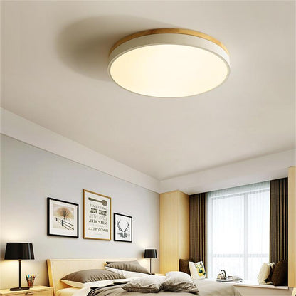 Round LED Ceiling Light with Wood Finish | Modern Bedroom Living Room Lamp