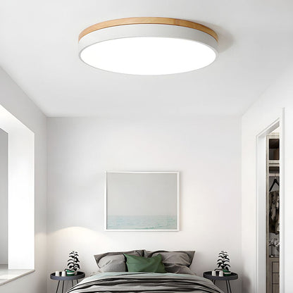 Round LED Ceiling Light with Wood Finish | Modern Bedroom Living Room Lamp