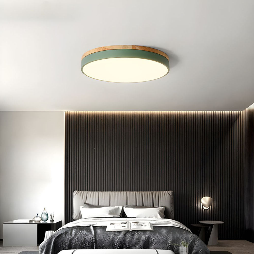 Round LED Ceiling Light with Wood Finish | Modern Bedroom Living Room Lamp