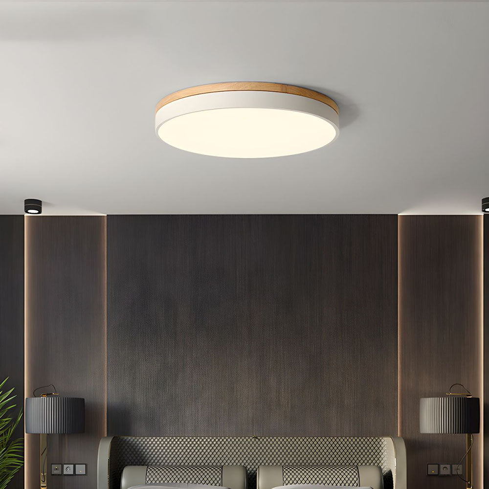 Round LED Ceiling Light with Wood Finish | Modern Bedroom Living Room Lamp
