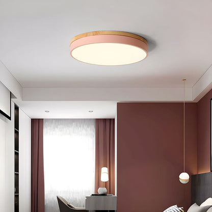 Round LED Ceiling Light with Wood Finish | Modern Bedroom Living Room Lamp