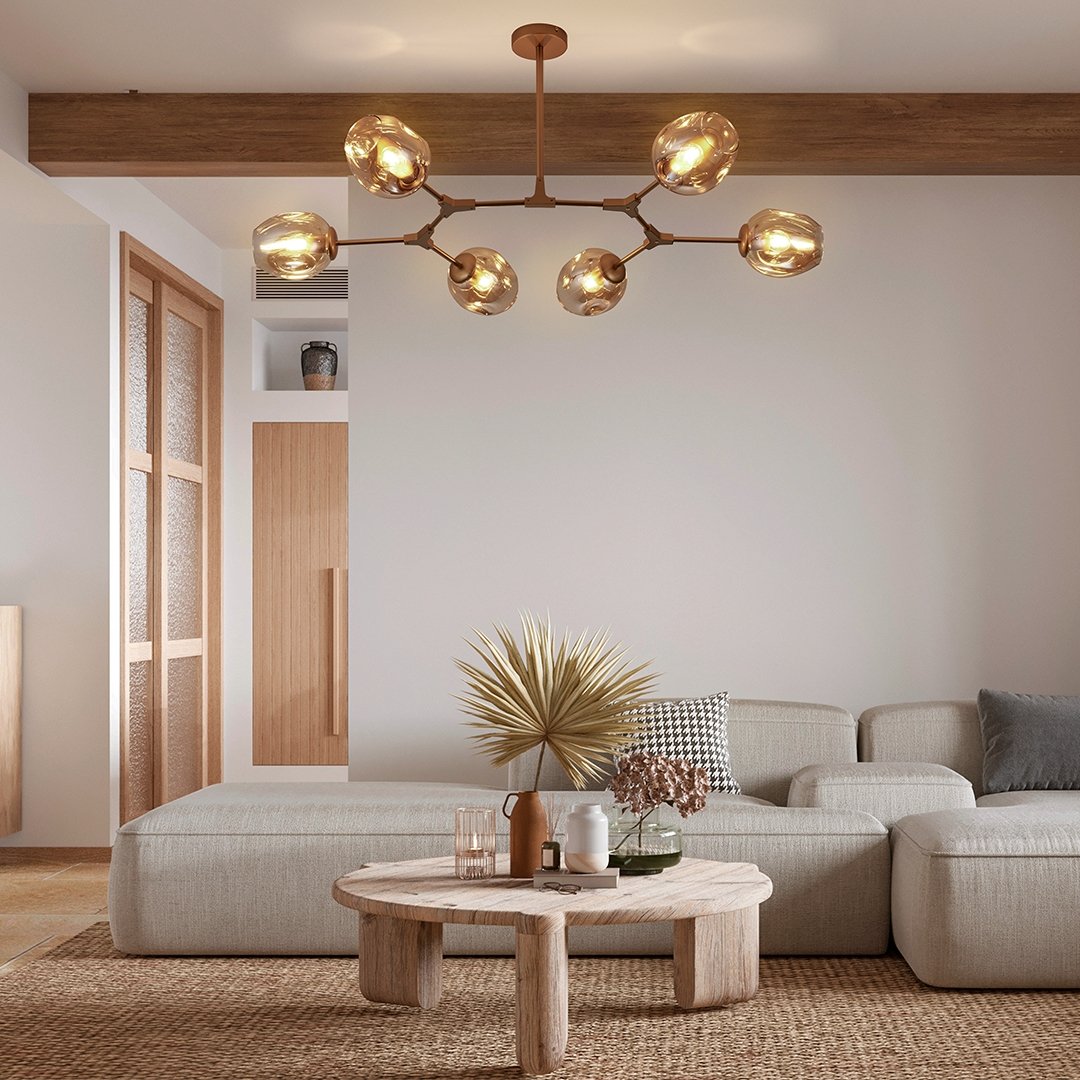 Modern 6 Arm LED Ceiling Light | Adjustable Glass Chandelier for Living Room