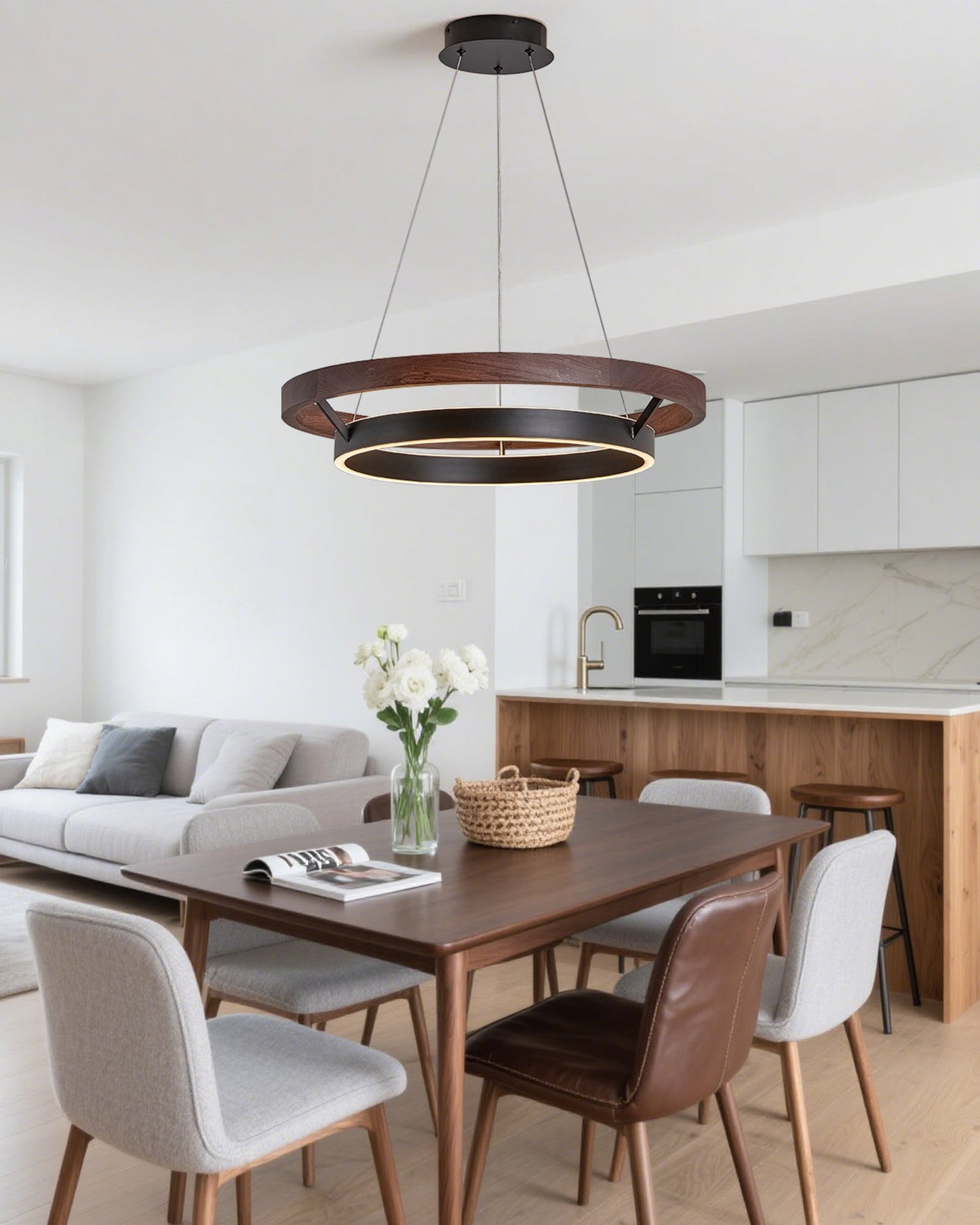 Modern Farmhouse Wood LED Circular Chandelier Ceiling Light | Dining Room Lighting