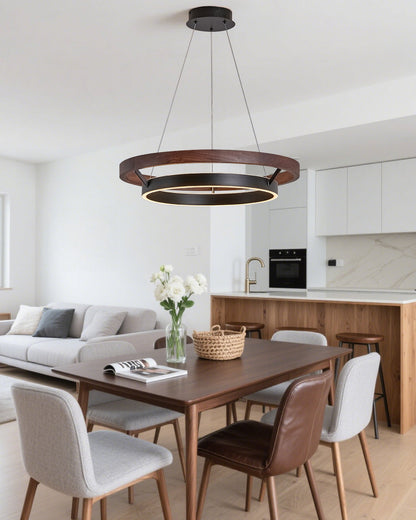 Modern Farmhouse Wood LED Circular Chandelier Ceiling Light | Dining Room Lighting