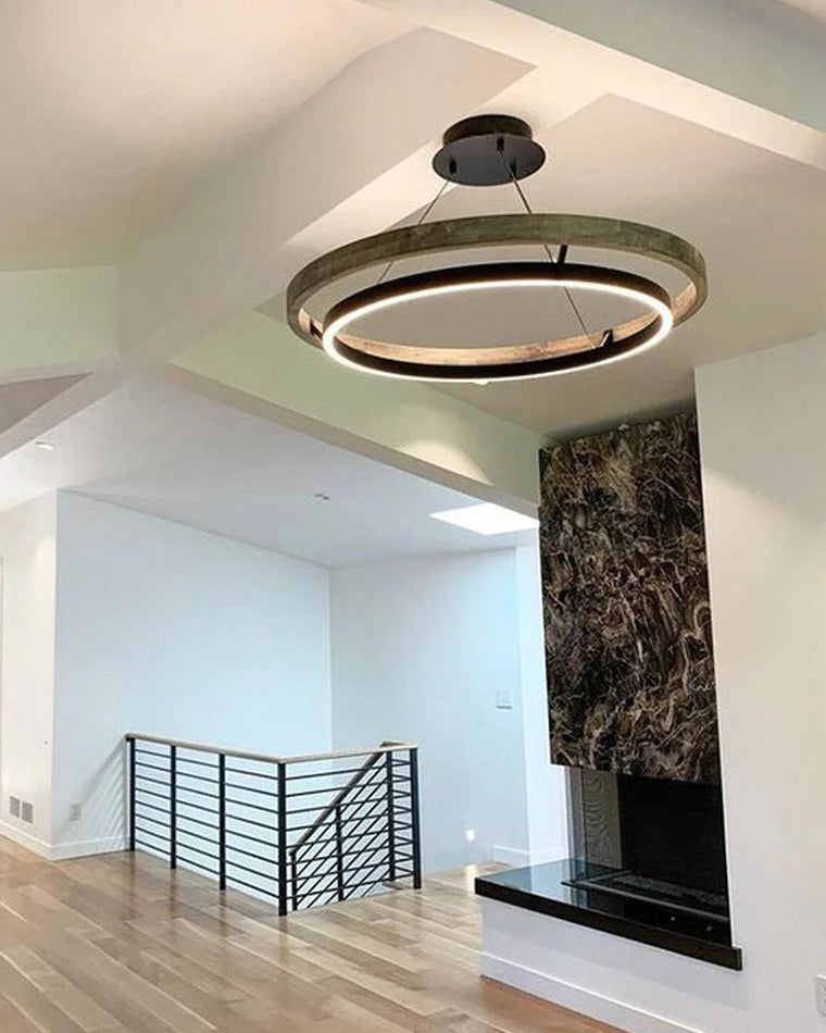 Modern Farmhouse Wood LED Circular Chandelier Ceiling Light | Dining Room Lighting