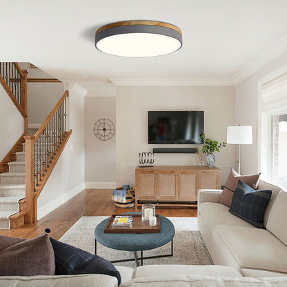 Round LED Ceiling Light with Wood Finish | Modern Bedroom Living Room Lamp