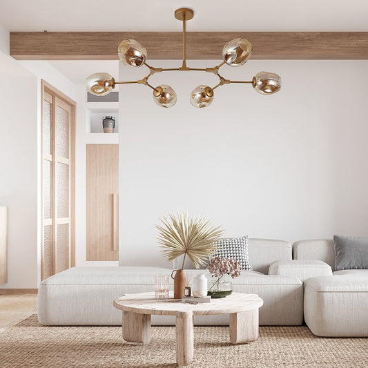 Modern 6 Arm LED Ceiling Light | Adjustable Glass Chandelier for Living Room