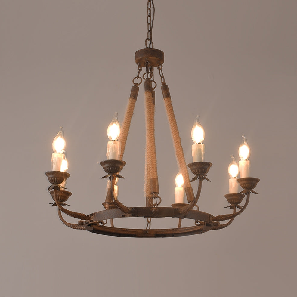 Rustic Rope Chandelier with Candle Lights | Vintage Ceiling Light Fixture