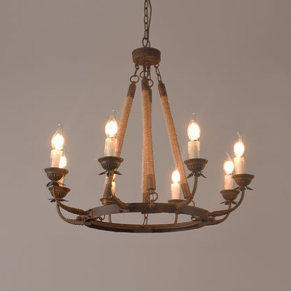 Rustic Rope Chandelier with Candle Lights | Vintage Ceiling Light Fixture