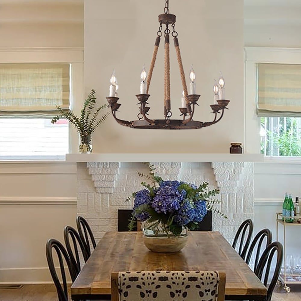 Rustic Rope Chandelier with Candle Lights | Vintage Ceiling Light Fixture