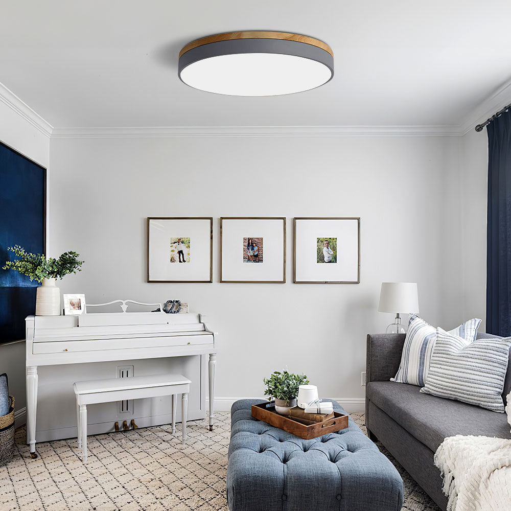 Round LED Ceiling Light with Wood Finish | Modern Bedroom Living Room Lamp