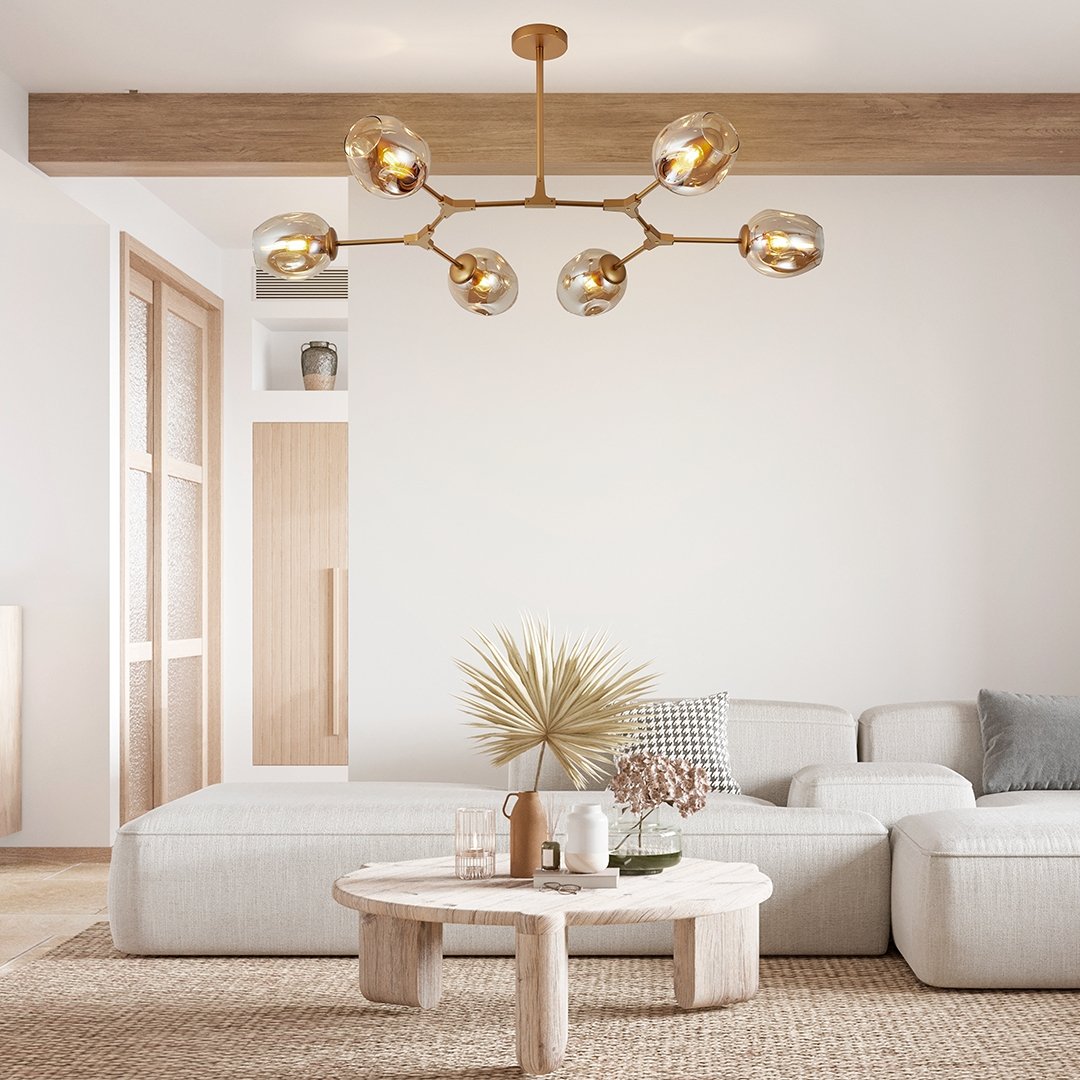 Modern 6 Arm LED Ceiling Light | Adjustable Glass Chandelier for Living Room