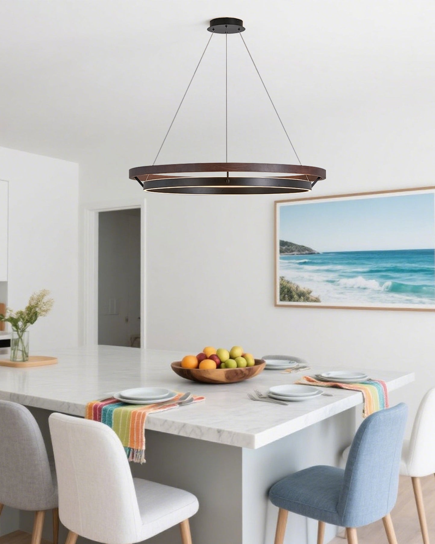 Modern Farmhouse Wood LED Circular Chandelier Ceiling Light | Dining Room Lighting