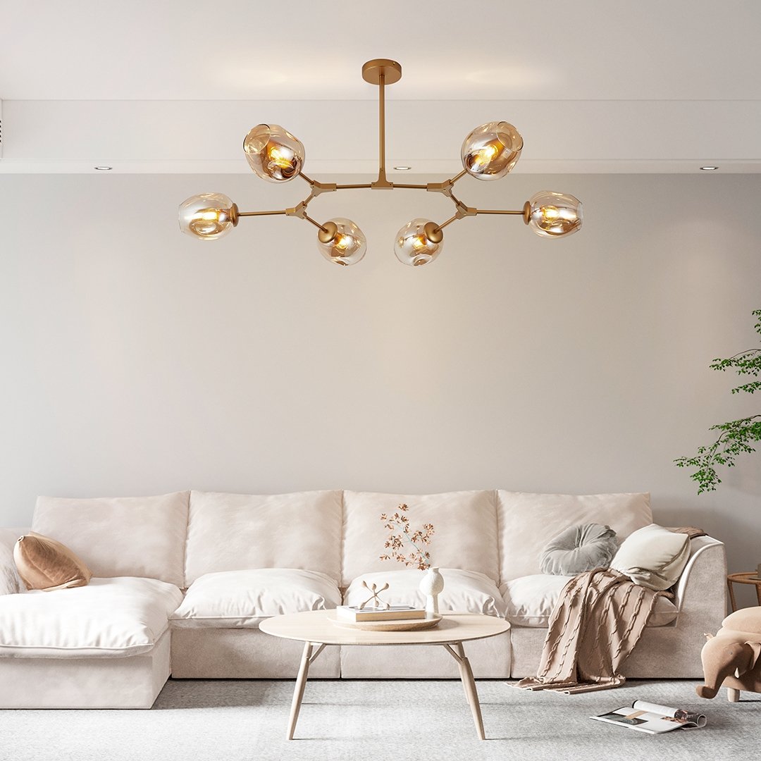 Modern 6 Arm LED Ceiling Light | Adjustable Glass Chandelier for Living Room