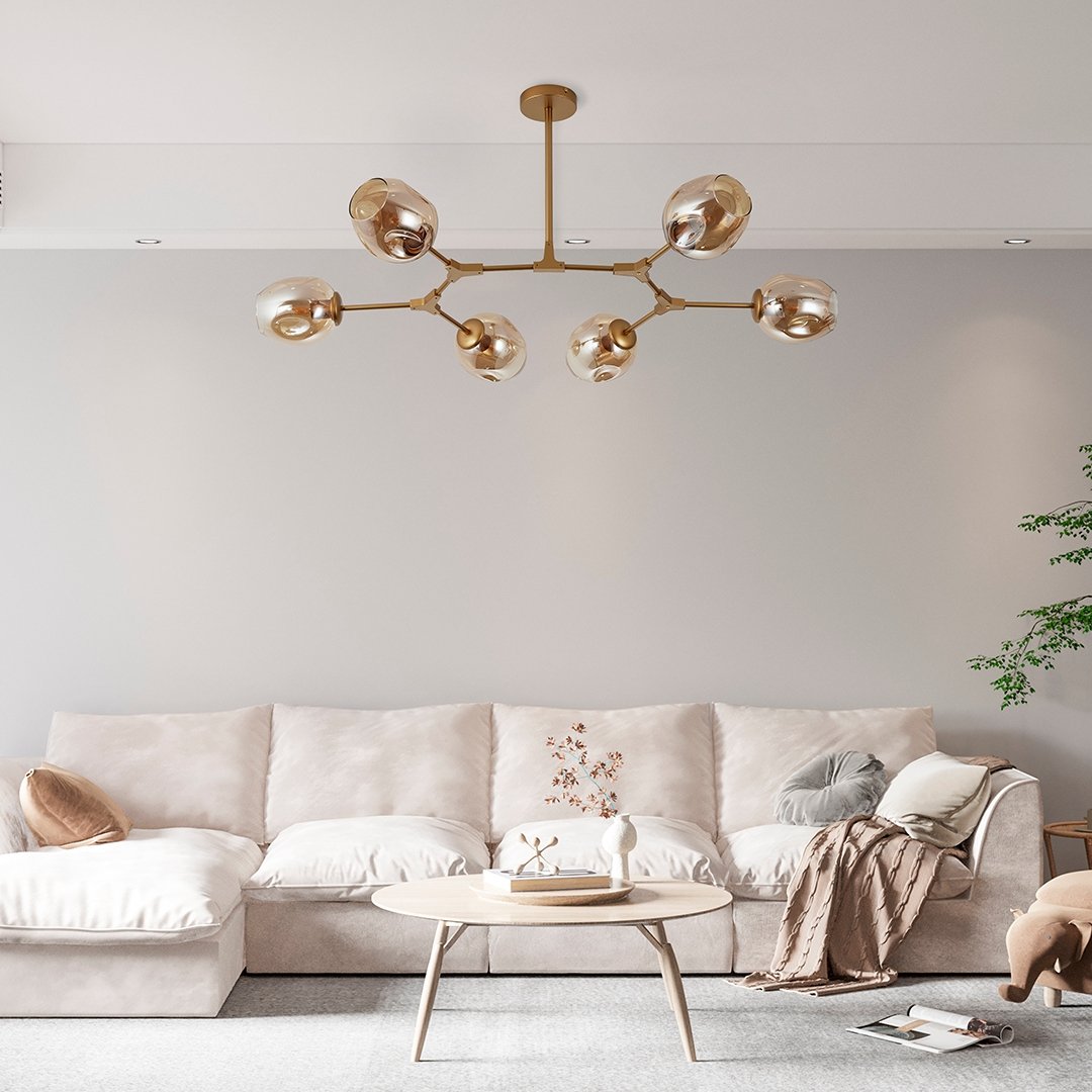 Modern 6 Arm LED Ceiling Light | Adjustable Glass Chandelier for Living Room