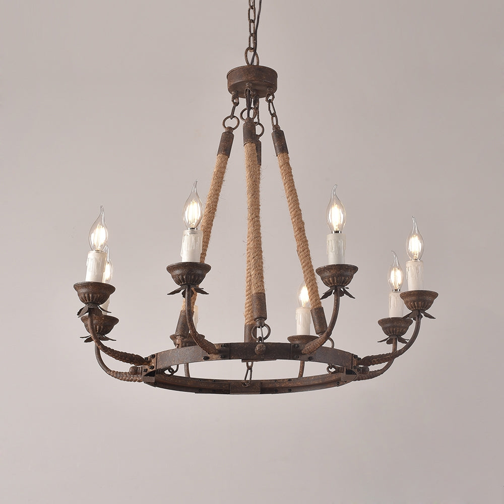 Rustic Rope Chandelier with Candle Lights | Vintage Ceiling Light Fixture
