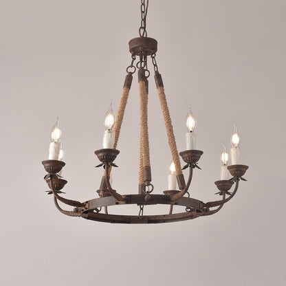 Rustic Rope Chandelier with Candle Lights | Vintage Ceiling Light Fixture