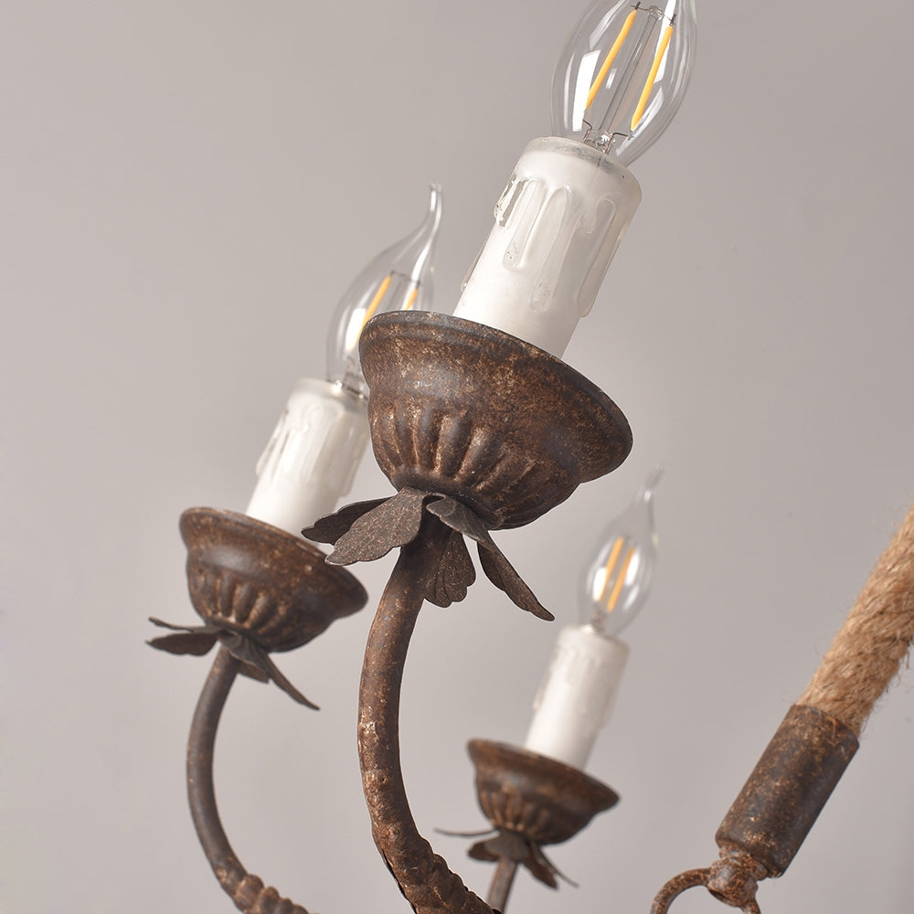Rustic Rope Chandelier with Candle Lights | Vintage Ceiling Light Fixture