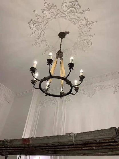 Rustic Rope Chandelier with Candle Lights | Vintage Ceiling Light Fixture