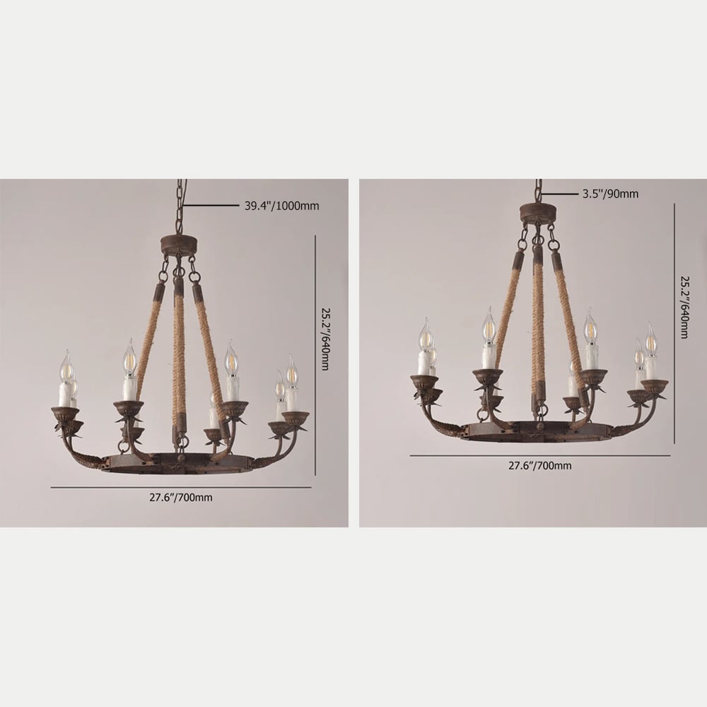 Rustic Rope Chandelier with Candle Lights | Vintage Ceiling Light Fixture