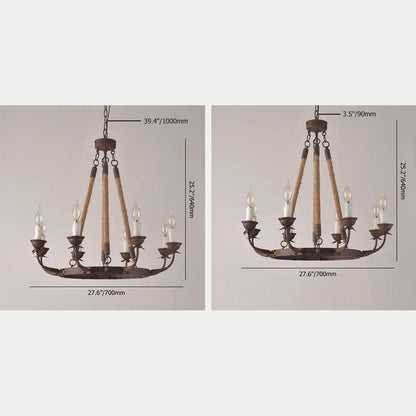 Rustic Rope Chandelier with Candle Lights | Vintage Ceiling Light Fixture