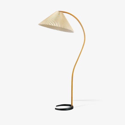 Scandinavian Curved Wooden Floor Lamp with Pleated Shade | Modern Living Room Light