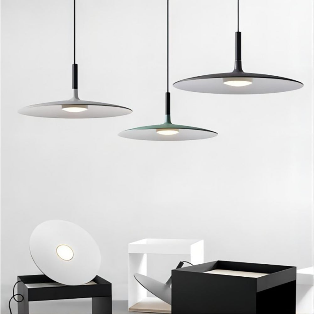 Modern Flat Pendant Ceiling Light with Wide Lampshade | Creative Dining Room Lamp