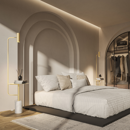 Modern Floor Lamp with Side Table in Marble Look | Minimalist Standing Light
