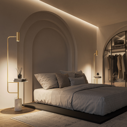 Modern Floor Lamp with Side Table in Marble Look | Minimalist Standing Light