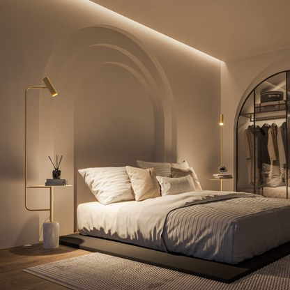 Modern Floor Lamp with Side Table in Marble Look | Minimalist Standing Light