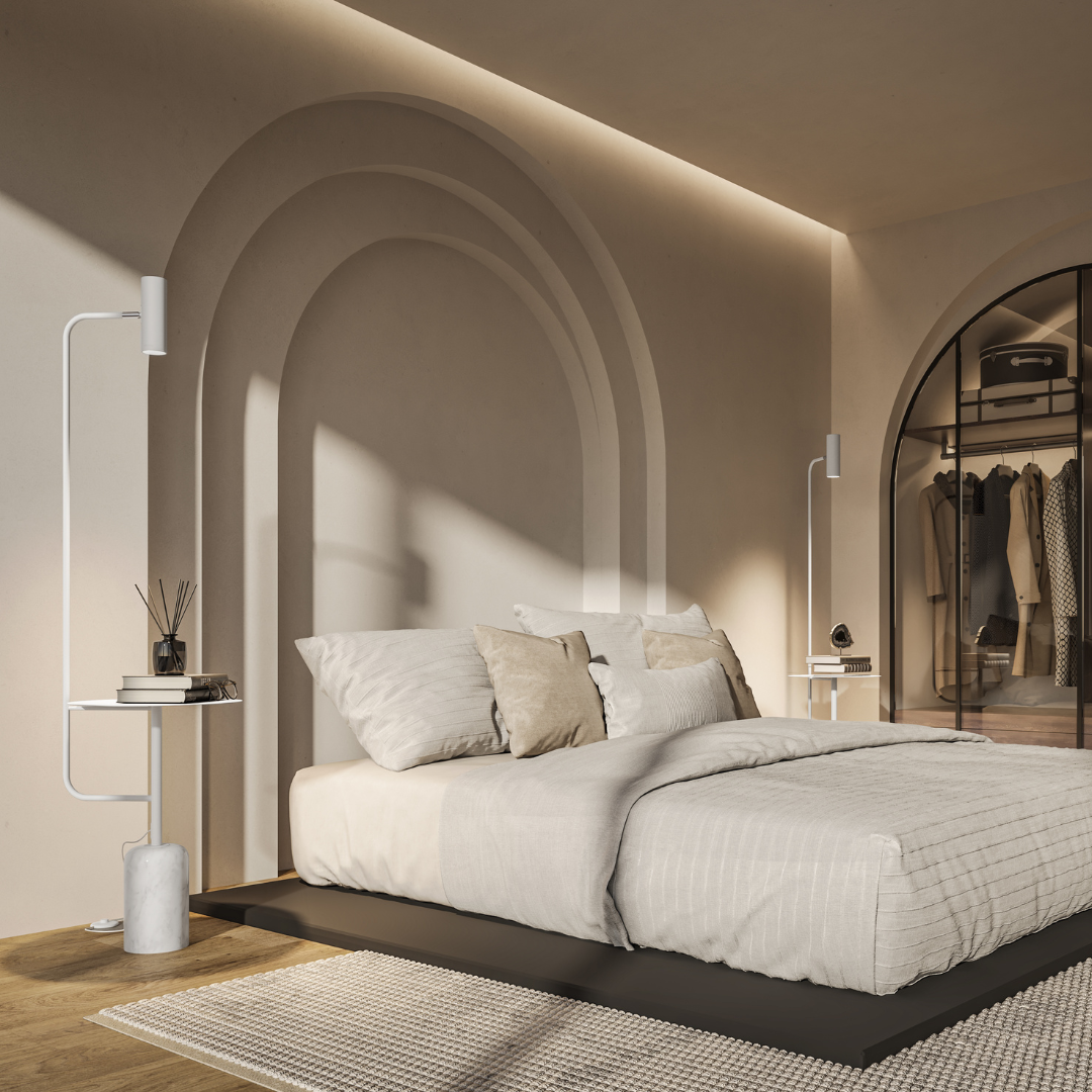 Modern Floor Lamp with Side Table in Marble Look | Minimalist Standing Light