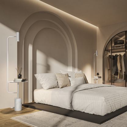 Modern Floor Lamp with Side Table in Marble Look | Minimalist Standing Light