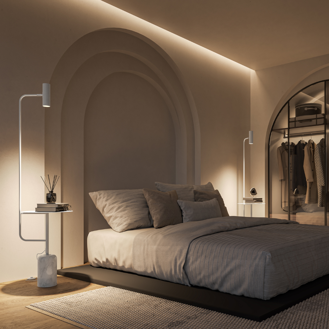 Modern Floor Lamp with Side Table in Marble Look | Minimalist Standing Light