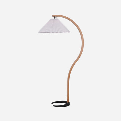 Scandinavian Curved Wooden Floor Lamp with Pleated Shade | Modern Living Room Light