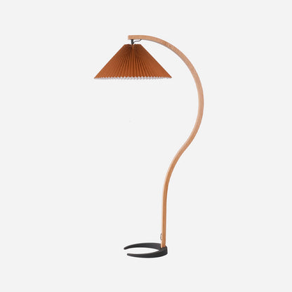 Scandinavian Curved Wooden Floor Lamp with Pleated Shade | Modern Living Room Light