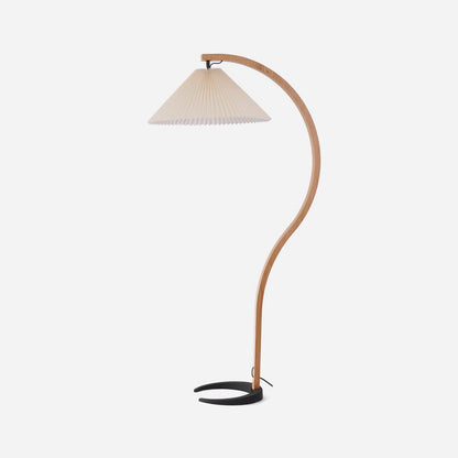 Scandinavian Curved Wooden Floor Lamp with Pleated Shade | Modern Living Room Light