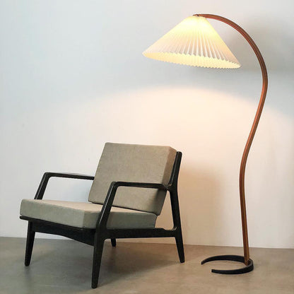 Scandinavian Curved Wooden Floor Lamp with Pleated Shade | Modern Living Room Light