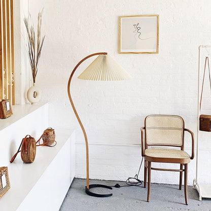 Scandinavian Curved Wooden Floor Lamp with Pleated Shade | Modern Living Room Light
