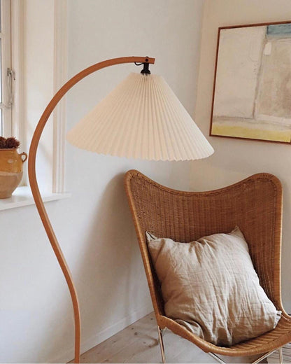 Scandinavian Curved Wooden Floor Lamp with Pleated Shade | Modern Living Room Light