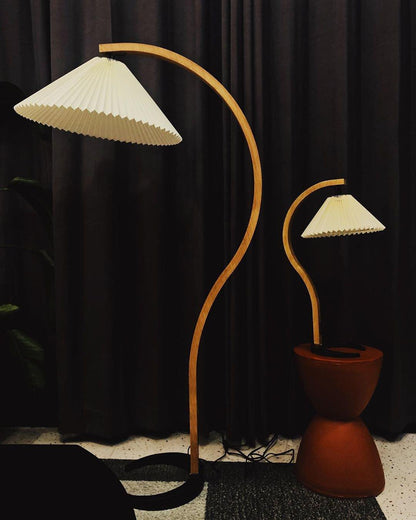 Scandinavian Curved Wooden Floor Lamp with Pleated Shade | Modern Living Room Light