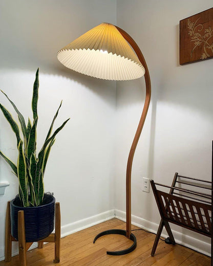 Scandinavian Curved Wooden Floor Lamp with Pleated Shade | Modern Living Room Light