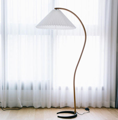 Scandinavian Curved Wooden Floor Lamp with Pleated Shade | Modern Living Room Light