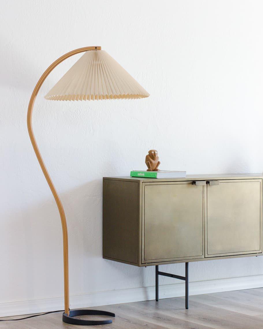 Scandinavian Curved Wooden Floor Lamp with Pleated Shade | Modern Living Room Light