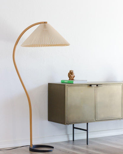 Scandinavian Curved Wooden Floor Lamp with Pleated Shade | Modern Living Room Light