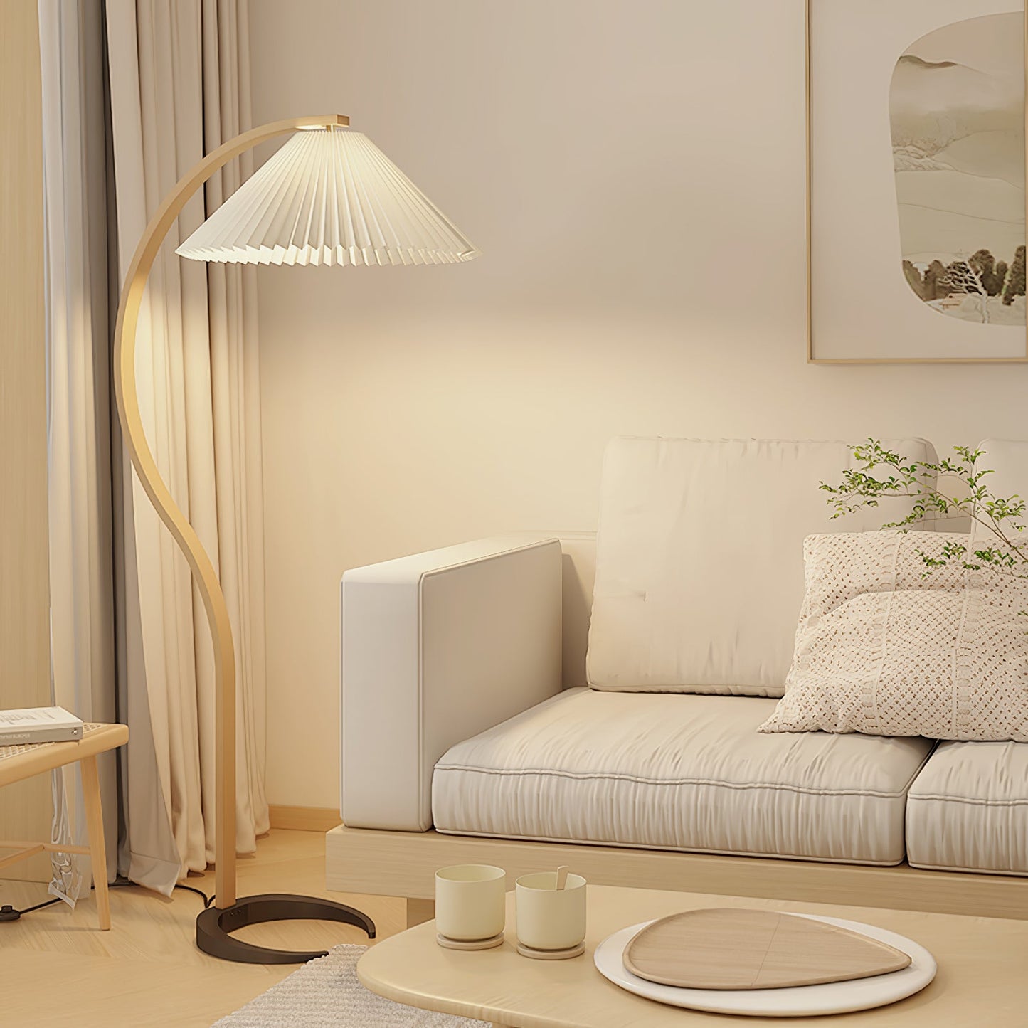 Scandinavian Curved Wooden Floor Lamp with Pleated Shade | Modern Living Room Light