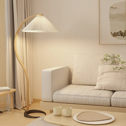Scandinavian Curved Wooden Floor Lamp with Pleated Shade | Modern Living Room Light