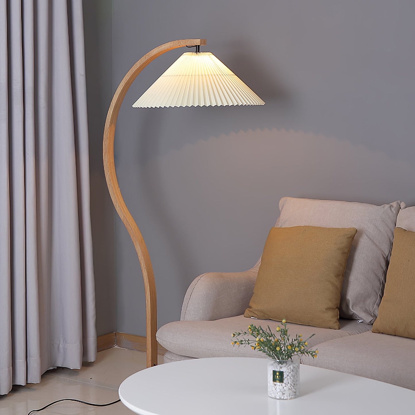Scandinavian Curved Wooden Floor Lamp with Pleated Shade | Modern Living Room Light