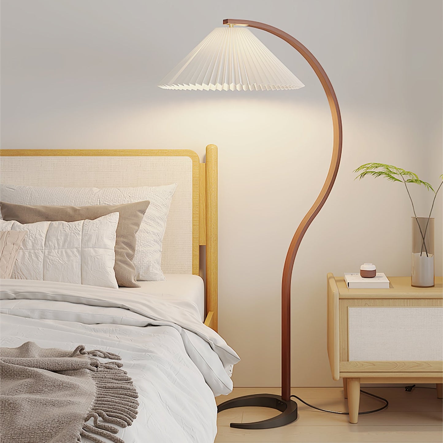 Scandinavian Curved Wooden Floor Lamp with Pleated Shade | Modern Living Room Light