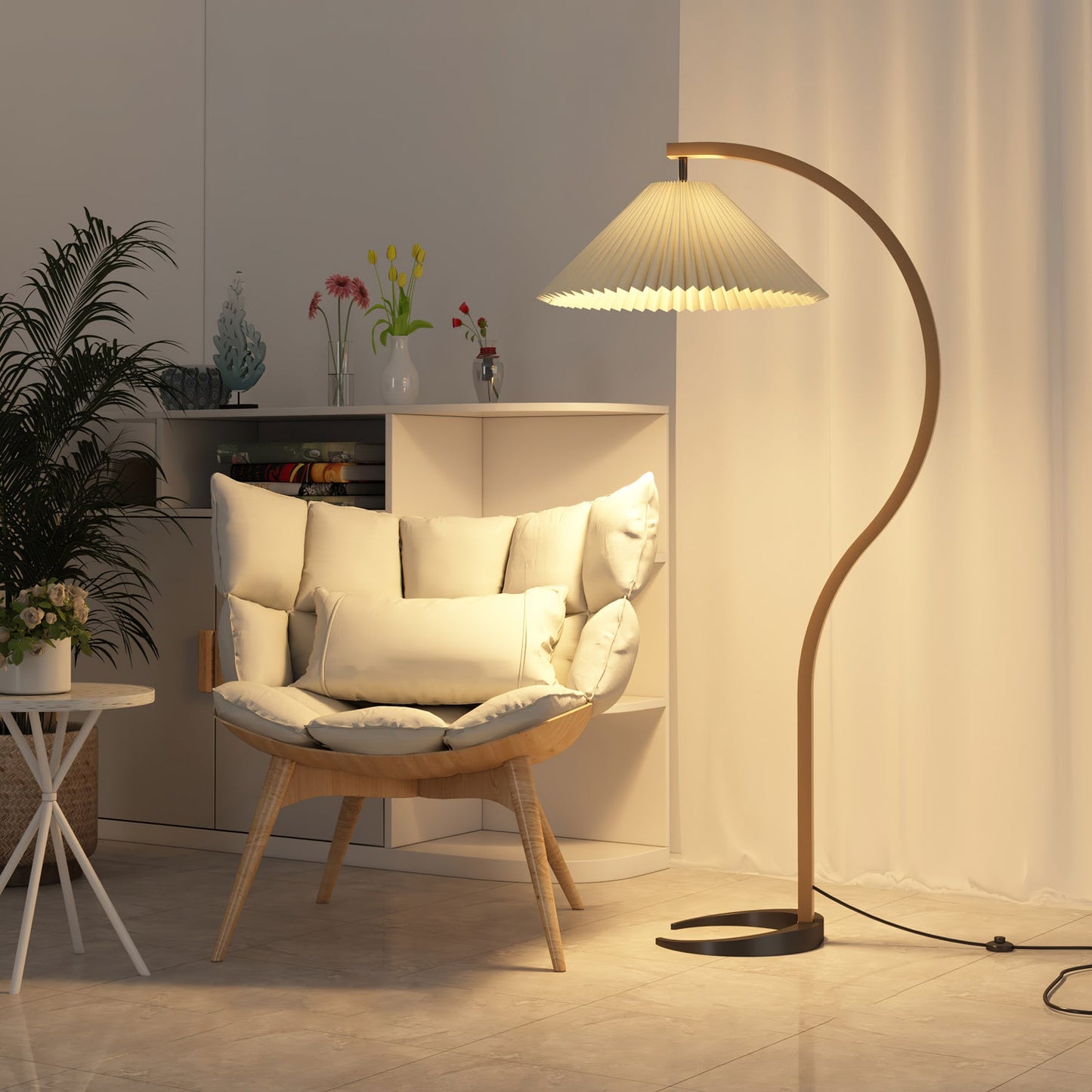 Scandinavian Curved Wooden Floor Lamp with Pleated Shade | Modern Living Room Light